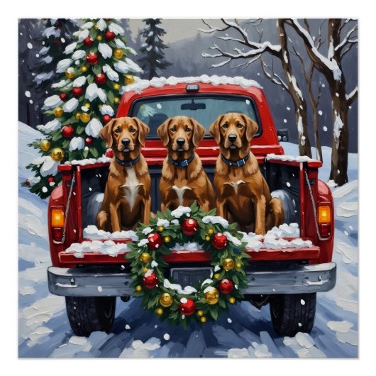 Wirehaired Pointing Griffon Christmas Red Truck ポスター (正面)