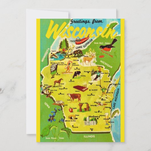 Wisconsin 5x7 Map Vintage Postcard (正面)
