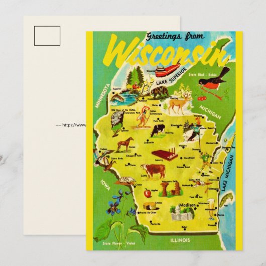 Wisconsin 5x7 Map Vintage Postcard (正面/裏面)