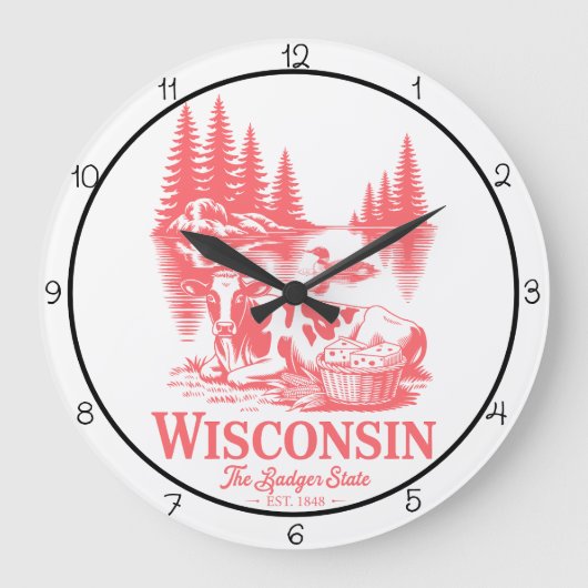 Wisconsin Badger State Cow  ラージ壁時計 (正面)