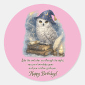 Wisdom & Knowledge Snow Owl Happy Birthday ラウンドシール (正面)