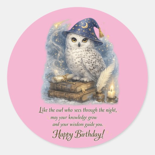 Wisdom & Knowledge Snow Owl Happy Birthday ラウンドシール (正面)