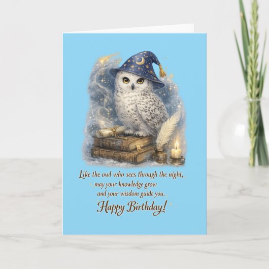Wisdom & Knowledge Snow Owl Happy Birthday Card カード (正面)