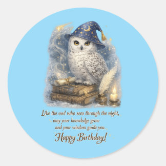 Wisdom & Knowledge Snow Owl Happy Birthday Card ラウンドシール