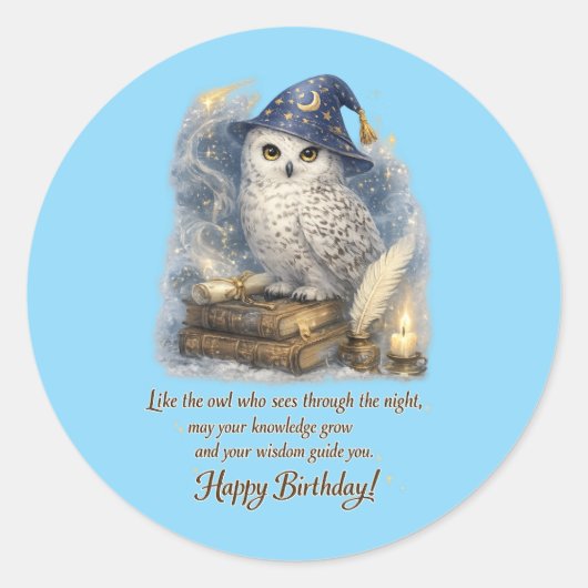 Wisdom & Knowledge Snow Owl Happy Birthday Card ラウンドシール (正面)