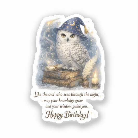 Wisdom Knowledge Snow Owl Happy Birthday  Stickers シール (正面)
