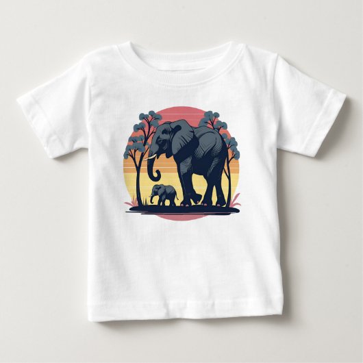 Wise and Wild - レトロ象ファミリーの夕焼け ベビーTシャツ (正面)