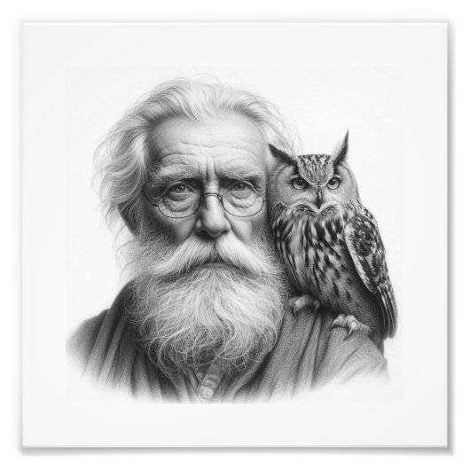 Wise Companions: Elderly Man with Owl Wall Art フォトプリント (正面)
