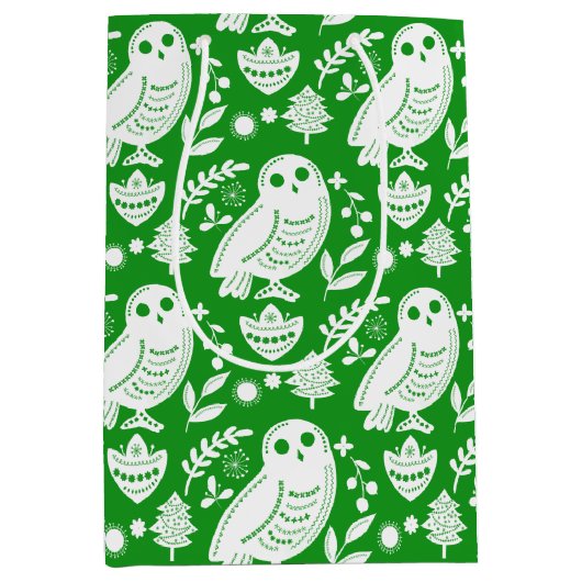 Wise Owl Folk Art Green Holiday ミディアムペーパーバッグ (正面)