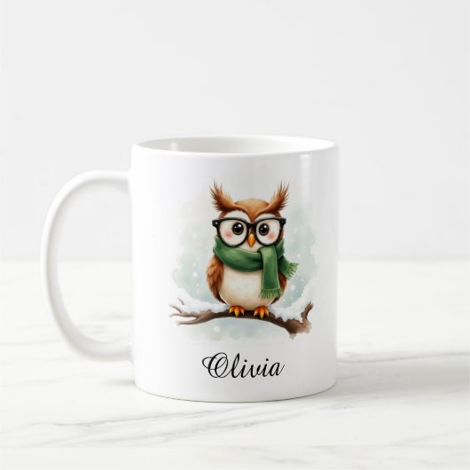 Wise Owl in Glasses & Scarf Custom Name Mug コーヒーマグカップ (左)