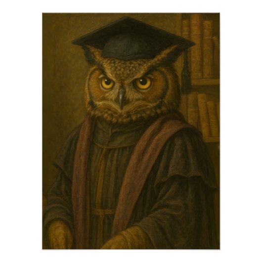  Wise Owl Scholar Portrait in Academic Regalia ポスター (正面)