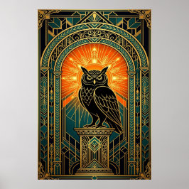 Wise Owl Silhouette Art Deco Midnight Gold ポスター