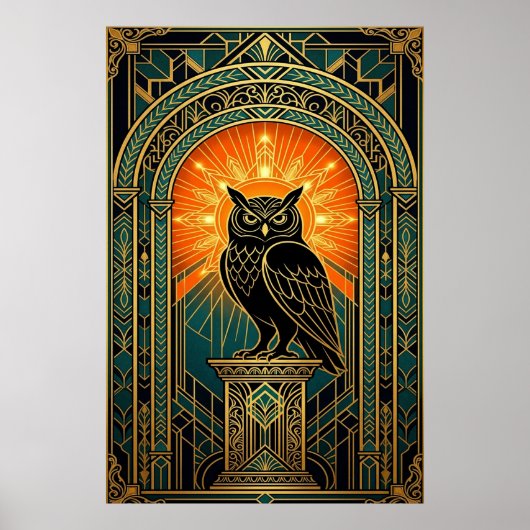 Wise Owl Silhouette Art Deco Midnight Gold ポスター (正面)