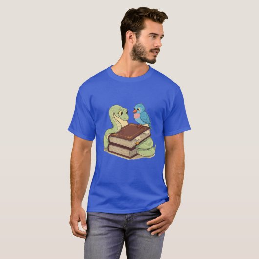Wise Snake and Bird on a Book funny Tシャツ (正面フル)