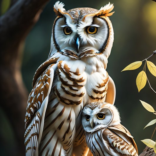 Wise white owl with baby sitting on a branch 薄葉紙