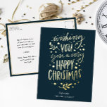 Wish You Merry Christmas Blue金ゴールド非写真 箔シーズンポストカード<br><div class="desc">Wish You Merry Christmas Blue金ゴールドスクリプト非フォトフォイル実在ホリデーハガキ。このフェスティバルとホリデーカードで愛する人に休日の挨拶をモダン送りなさい。すべての文字は、自分の詳細で簡単かつ迅速にパーソナライズするために事前に配置されている。ハッピーホリデー！</div>