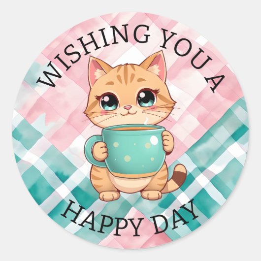 Wishing You a Happy Day | Cute Cat ラウンドシール (正面)