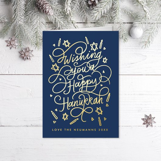 Wishing you a happy hanukkah handlettering 箔グリーティングカード