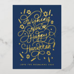 Wishing you a happy hanukkah handlettering 箔シーズンポストカード<br><div class="desc">Handlettered "wishing you a happy hanukkah" blue and gold foil; background color is editable; photos on the back. postcard version</div>