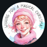 Wishing You A Magical Christmas Lady Pink ラウンドシール<br><div class="desc">青い雪かわいらし片でピンクのブロンド女の子ヴィンテージレトロなスタイルクリスマスのシール。</div>