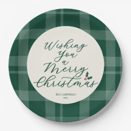 Wishing You a Merry Christmas Dark Green Plaid ペーパープレート
