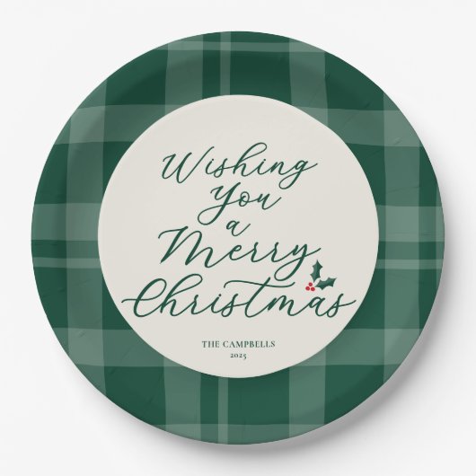 Wishing You a Merry Christmas Dark Green Plaid ペーパープレート (正面)