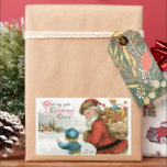 Wishing You Christmas応援by Ellen Clapsaddle 長方形シール<br><div class="desc">ヴィンテージイラストレーションビクトリアンのクリスマスの休日のデザインは、古い世界サンタクロースの若い男の子の横に立つ運おもちゃのバッグのをフィーチャー。</div>