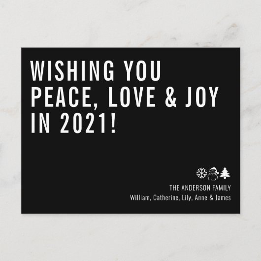Wishing You Peace Love Joy 2021 Black New Year シーズンポストカード (正面)