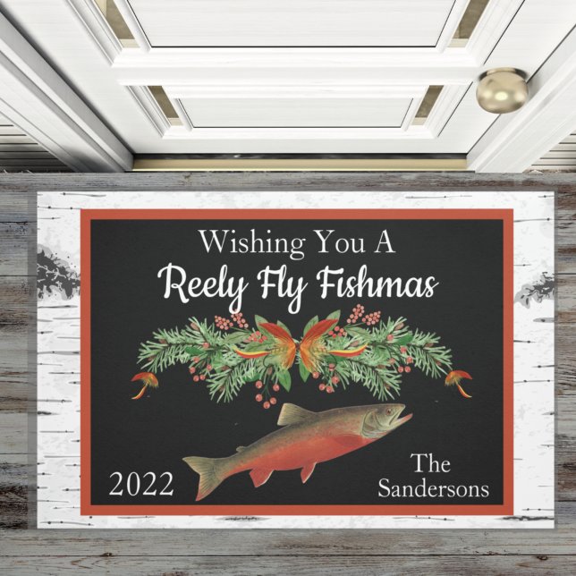 Wishing You Reely Fly Fishmas, Trout Christmas ドアマット (クリエイターアップロード済み)