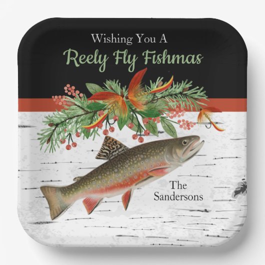 Wishing You Reely Fly Fishmas, Trout Christmas ペーパープレート (正面)