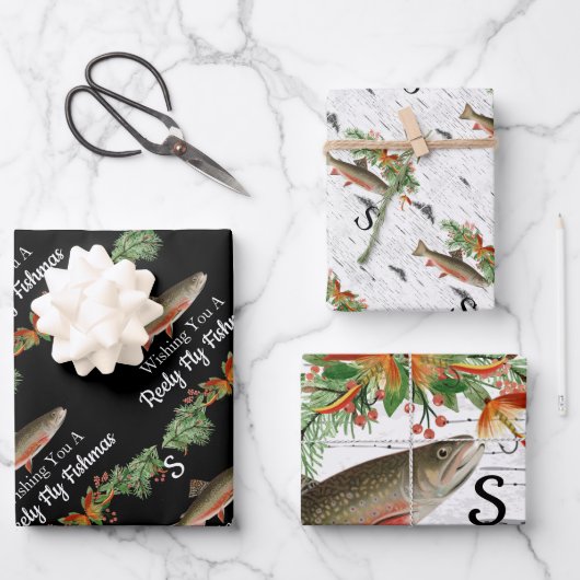 Wishing You Reely Fly Fishmas, Trout Christmas ラッピングペーパーシート (正面)