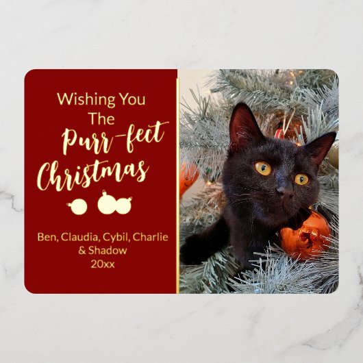 Wishing You the Purr-fectクリスマスキャット写真 箔シーズンカード (正面)