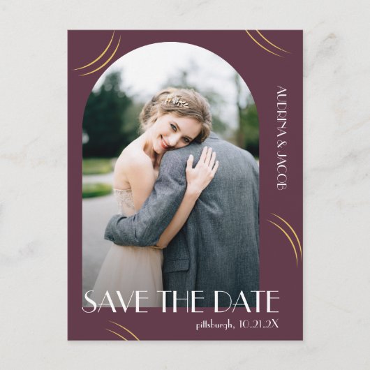 Wispsエレガントプラム写真結婚式の日付を保存 ポストカード (正面)