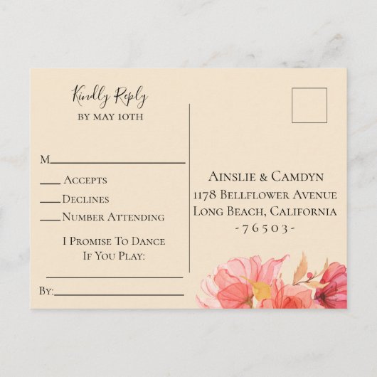 WispyフローラウェディングRSVP曲要求 インビテーションポストカード (裏面)