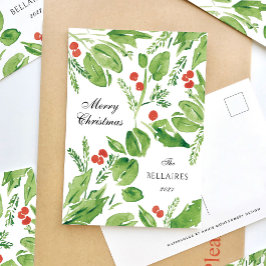 Wispy Holly Green and Red Watercolor Christmas シーズンポストカード
