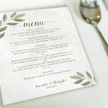 Wistant Sage Green葉 Budgetsメ結婚ニュー<br><div class="desc">これらの結婚素朴な手頃メニューは、予算とシンプル予算の中でスタイリッシュも、エレガント、そしてフレンドリーあります。美しいデザインに恵ま絵を描れ、白い地に緑の水色の葉と台本の書道が登場している。素朴または屋外披露宴に最適。</div>