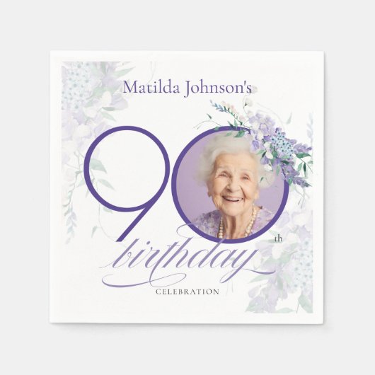 Wisteria Custom Photo Floral Purple 90th Birthday スタンダードカクテルナプキン (正面)