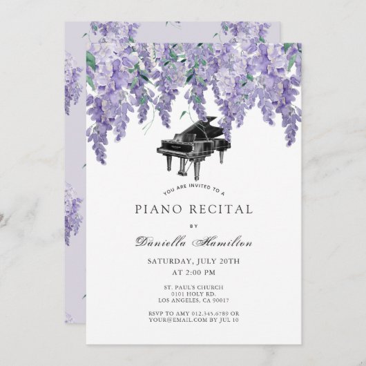 Wisteria Piano White Recital Invitation 招待状 (正面/裏面)