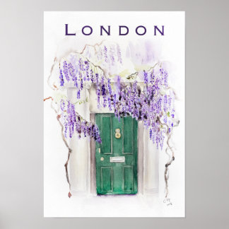 Wisteria season in London green door watercolour  ポスター