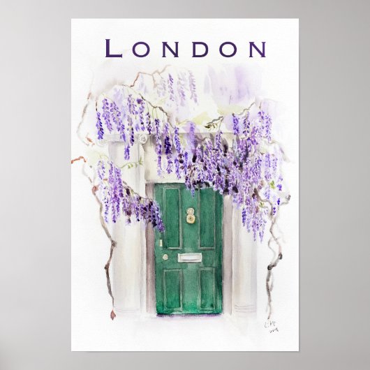 Wisteria season in London green door watercolour  ポスター (正面)