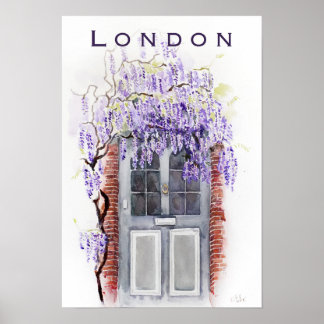 Wisteria season in London grey door watercolour  ポスター
