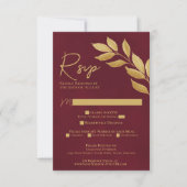 Wistful Leaves Burgundy & Gold Watercolor Wedding 出欠カード (正面)