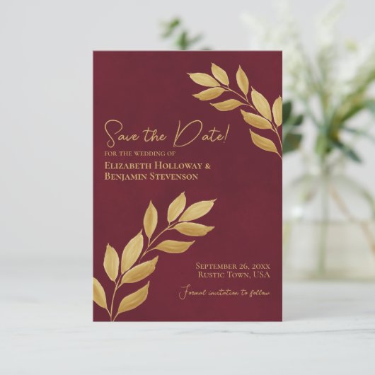 Wistful Leaves Elegant Burgundy and Gold Wedding セーブザデート (スタンド正面)