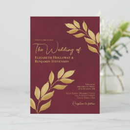 Wistful Leaves Elegant Burgundy & Gold Wedding 招待状
