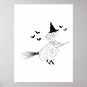 Witch And Bats Simple Line Art Minimal Halloween ポスター (正面)