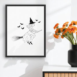 Witch And Bats Simple Line Art Minimal Halloween ポスター