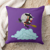 Witch and black cat flying on broom クッション (ブランケット)