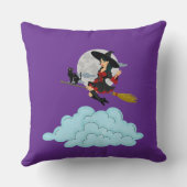 Witch and black cat flying on broom クッション (裏面)