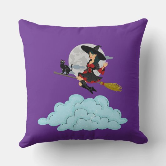 Witch and black cat flying on broom クッション (裏面)