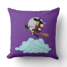 Witch and black cat flying on broom
